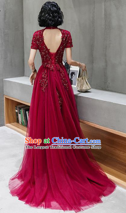 Professional Modern Dance Bride Wine Red Trailing Full Dress Compere Stage Performance Costume for Women