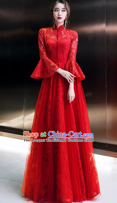 Professional Modern Dance Bride Red Lace Full Dress Compere Stage Performance Costume for Women