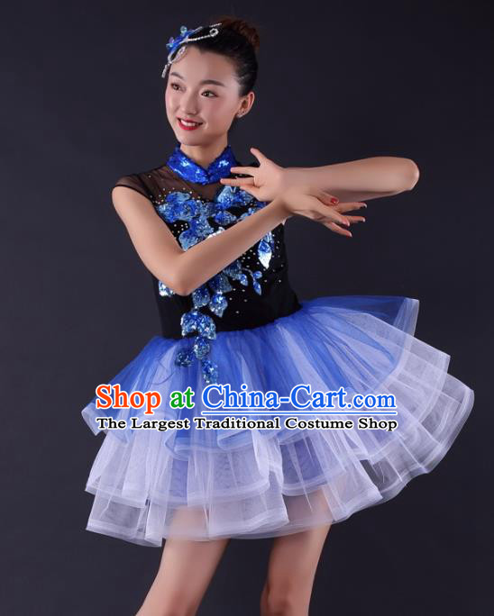 Professional Modern Dance Blue Short Dress Opening Dance Compere Stage Performance Costume for Women
