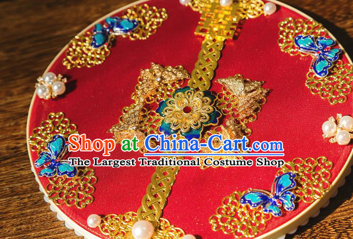 Chinese Traditional Hanfu Wedding Red Palace Fans Classical Round Fan for Women