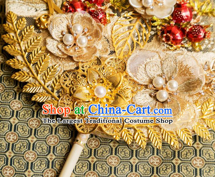Chinese Traditional Hanfu Embroidered Flowers Yellow Palace Fans Classical Wedding Round Fan for Women