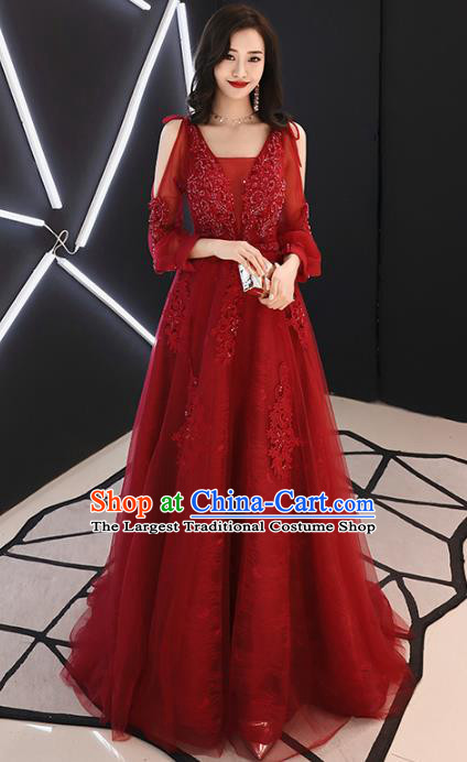 Professional Modern Dance Bride Wine Red Veil Full Dress Compere Stage Performance Costume for Women