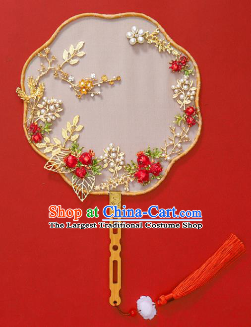 Chinese Traditional Hanfu Red Pomegranate Palace Fans Classical Wedding Round Fan for Women