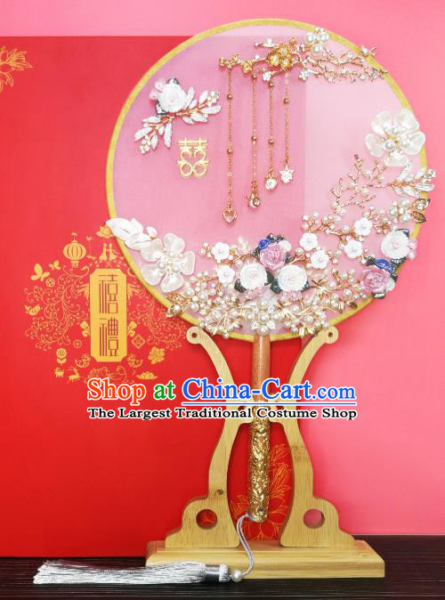 Chinese Traditional Hanfu Handmade Shell Palace Fans Classical Wedding Pomegranate Round Fan for Women