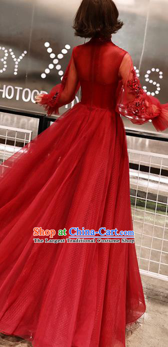 Professional Modern Dance Bride Red Veil Full Dress Compere Stage Performance Costume for Women