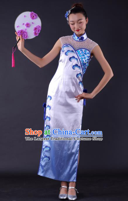 Chinese Classical Dance Fan Dance White Qipao Dress Traditional Stage Performance Costume for Women
