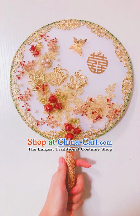 Chinese Traditional Handmade Hanfu Golden Butterfly Palace Fans Classical Wedding Round Fan for Women