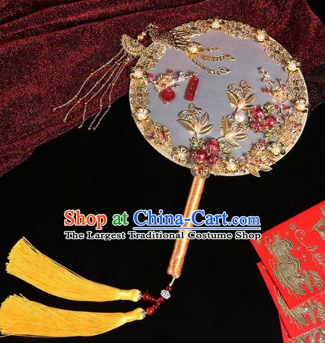 Chinese Traditional Handmade Hanfu Golden Phoenix Palace Fans Classical Wedding Round Fan for Women