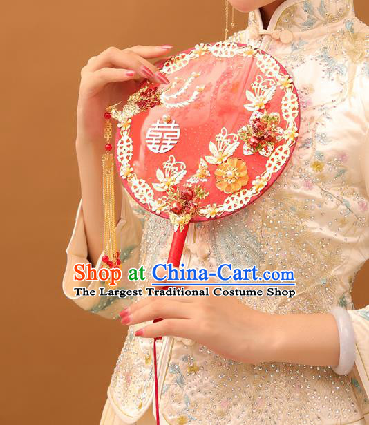 Chinese Traditional Handmade Hanfu Red Palace Fans Classical Wedding Silk Fan for Women