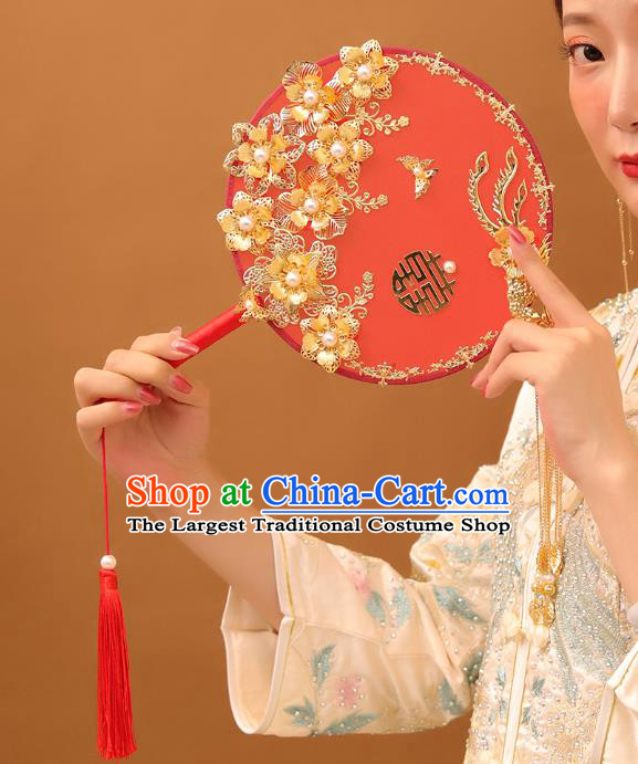 Chinese Traditional Handmade Hanfu Golden Flowers Palace Fans Classical Wedding Silk Fan for Women