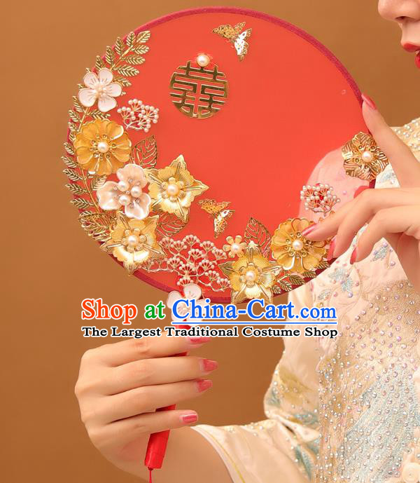 Chinese Traditional Handmade Hanfu Flowers Red Palace Fans Classical Wedding Silk Fan for Women