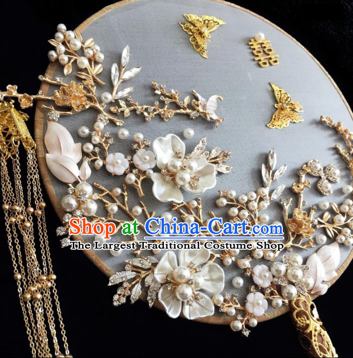 Chinese Traditional Handmade Hanfu Shell Plum Palace Fans Classical Wedding Silk Fan for Women