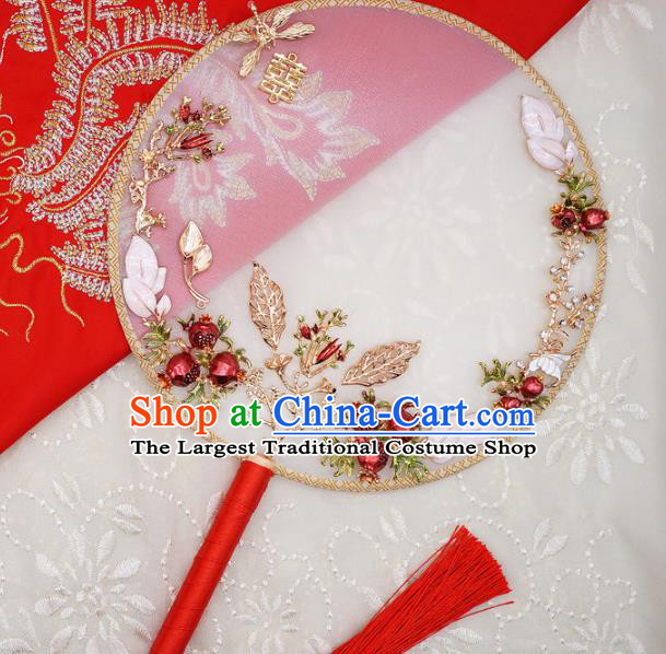 Chinese Traditional Handmade Hanfu Red Pomegranate Palace Fans Classical Wedding Silk Round Fan for Women