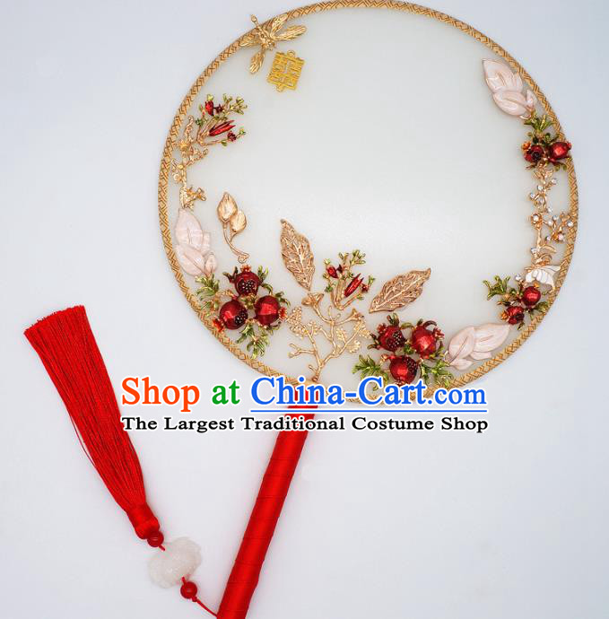 Chinese Traditional Handmade Hanfu Red Pomegranate Palace Fans Classical Wedding Silk Round Fan for Women