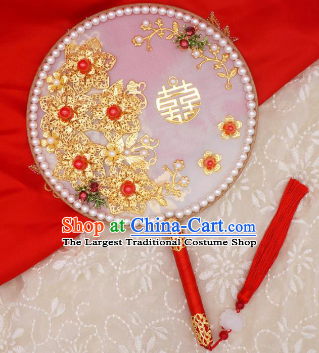 Chinese Traditional Handmade Hanfu Pearls Palace Fans Classical Wedding Silk Round Fan for Women