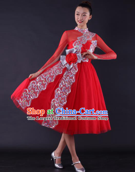 Professional Modern Dance Red Short Dress Opening Dance Compere Stage Performance Costume for Women