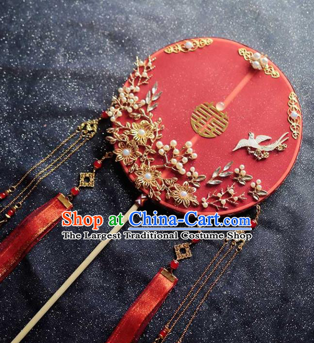 Chinese Traditional Hanfu Red Ribbon Palace Fans Classical Wedding Round Fan for Women