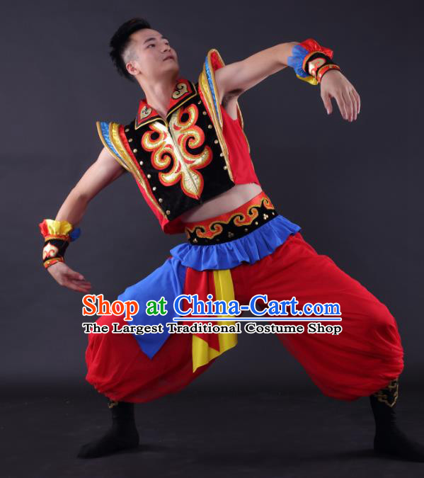 Chinese Traditional Mongol Nationality Dance Red Clothing China Folk Dance Stage Performance Costume for Men