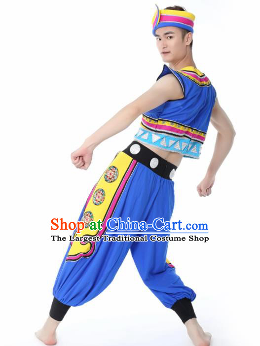 Chinese Traditional Miao Nationality Dance Blue Clothing China Folk Dance Stage Performance Costume for Men