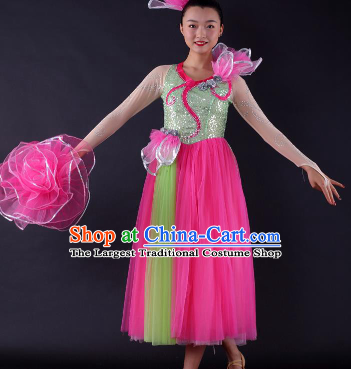 Professional Modern Dance Rosy Veil Dress Opening Dance Compere Stage Performance Costume for Women