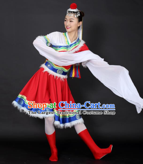 Chinese Tibetan Dance Red Short Dress Traditional Zang Nationality Stage Performance Costume for Women