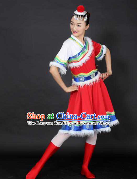 Chinese Tibetan Dance Red Short Dress Traditional Zang Nationality Stage Performance Costume for Women