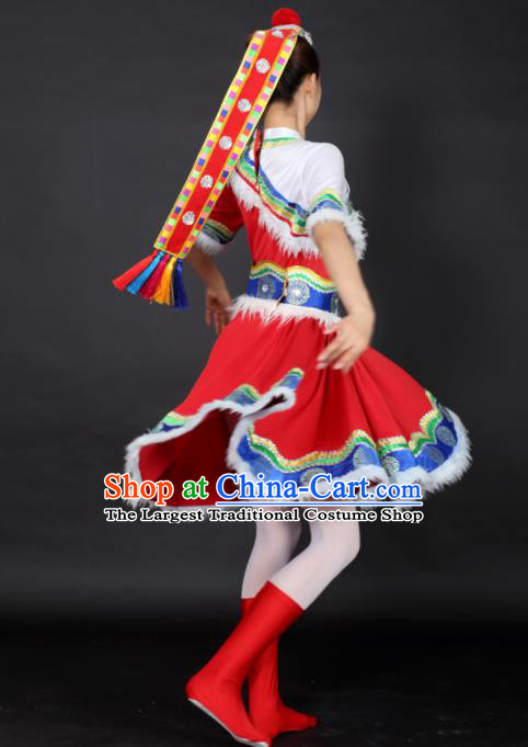 Chinese Tibetan Dance Red Short Dress Traditional Zang Nationality Stage Performance Costume for Women