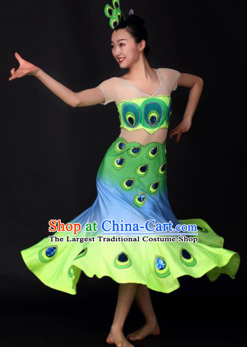 Chinese Traditional Peacock Dance Green Dress China Dai Nationality Stage Performance Costume for Women