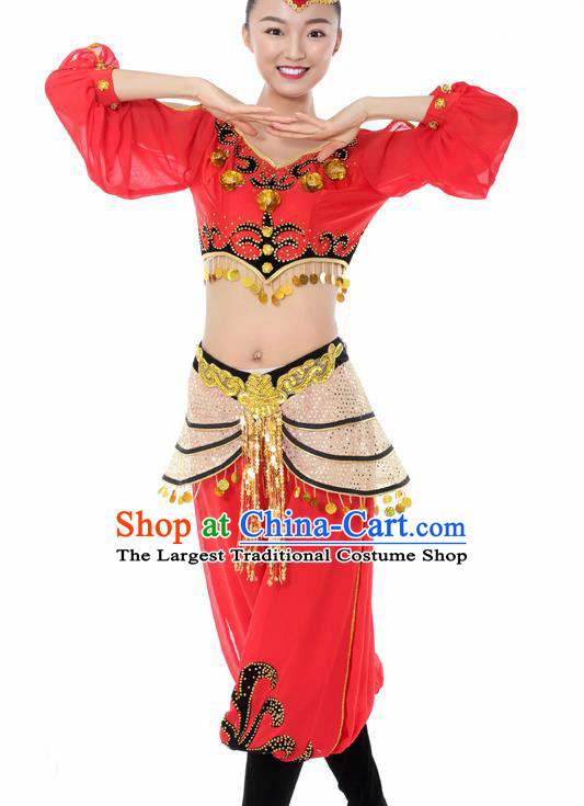 Chinese Uigurian Dance Red Clothing Traditional Uyghur Nationality Stage Performance Costume for Women