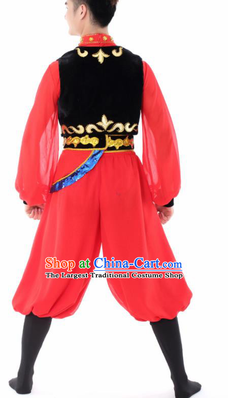 Chinese Traditional Uyghur Nationality Dance Red Clothing China Folk Dance Stage Performance Costume for Men