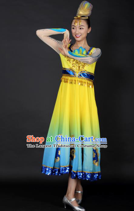 Chinese Uigurian Dance Yellow Dress Traditional Uyghur Nationality Stage Performance Costume for Women