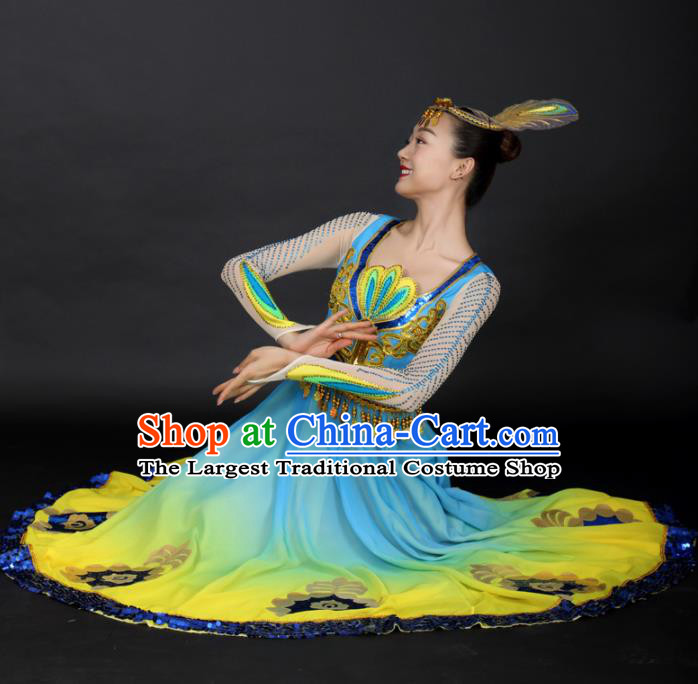 Chinese Uigurian Dance Yellow Dress Traditional Uyghur Nationality Stage Performance Costume for Women
