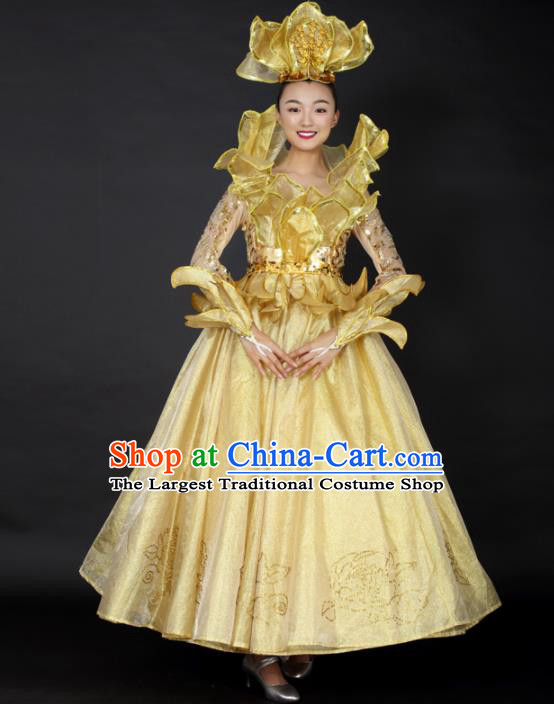 Professional Modern Dance Golden Dress Opening Dance Compere Stage Performance Costume for Women