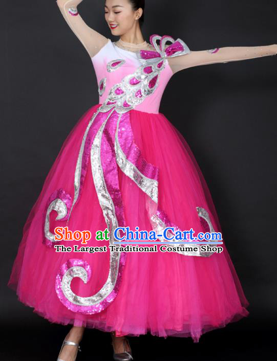 Professional Compere Modern Dance Rosy Dress Opening Dance Stage Performance Costume for Women