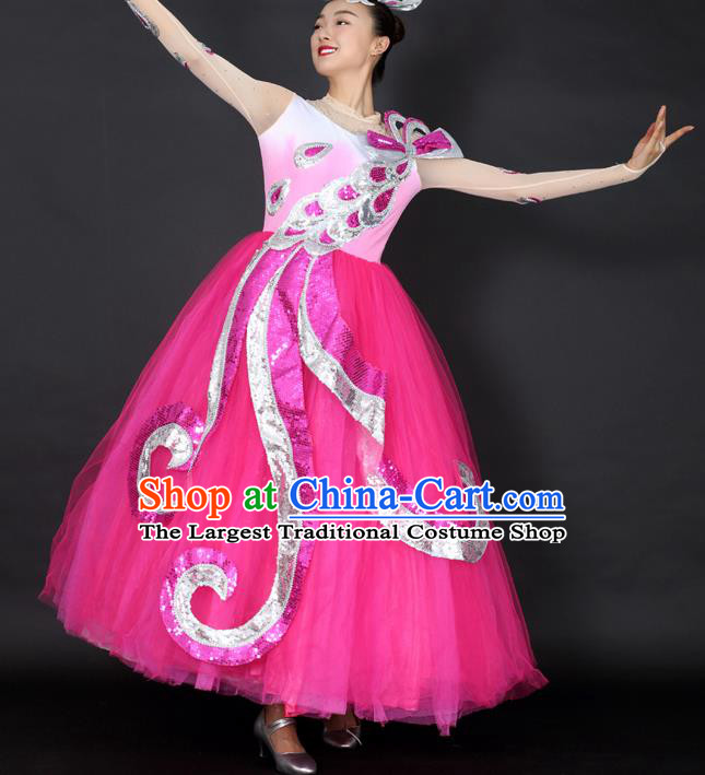 Professional Compere Modern Dance Rosy Dress Opening Dance Stage Performance Costume for Women