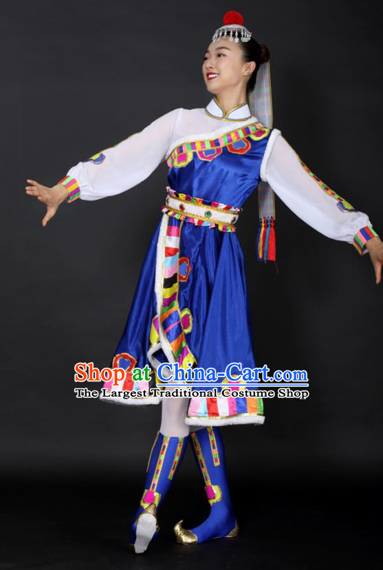 Chinese Tibetan Dance Royalblue Dress Traditional Zang Nationality Stage Performance Costume for Women