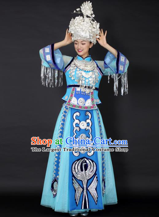 Chinese Hmong Dance Blue Dress Traditional Miao Nationality Stage Performance Costume for Women