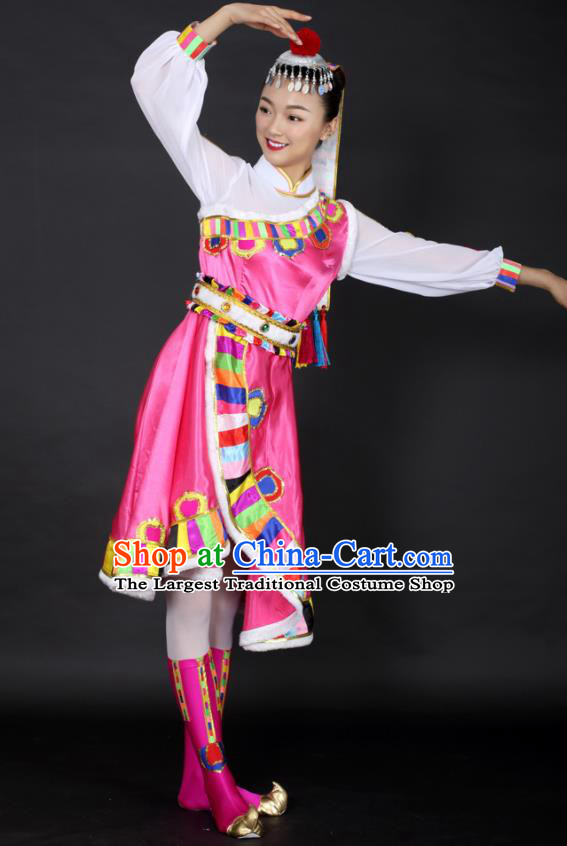 Chinese Tibetan Dance Pink Dress Traditional Zang Nationality Stage Performance Costume for Women