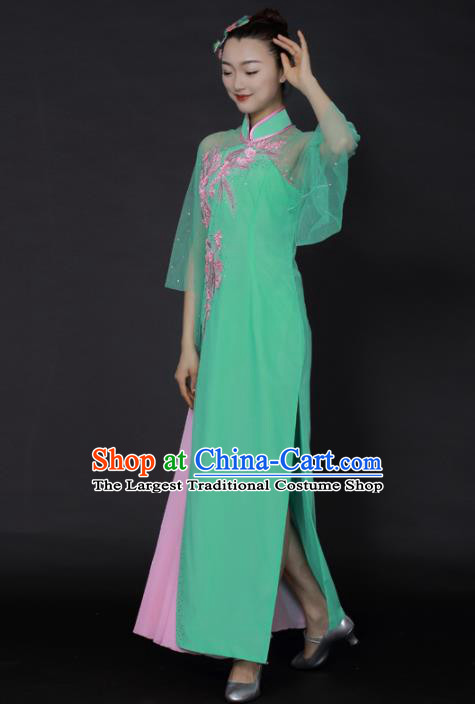 Chinese Classical Dance Green Dress Traditional Fan Dance Stage Performance Costume for Women