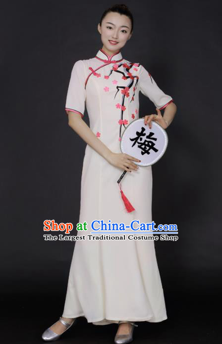 Chinese Classical Dance White Qipao Dress Traditional Fan Dance Stage Performance Costume for Women