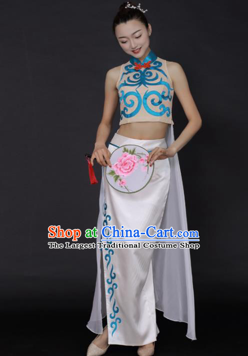 Chinese Classical Dance White Dress Traditional Fan Dance Stage Performance Costume for Women