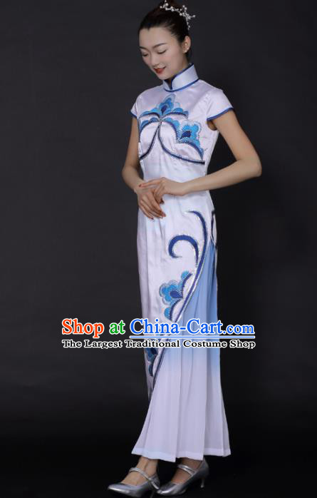 Chinese Classical Dance Embroidered White Dress Traditional Fan Dance Stage Performance Costume for Women