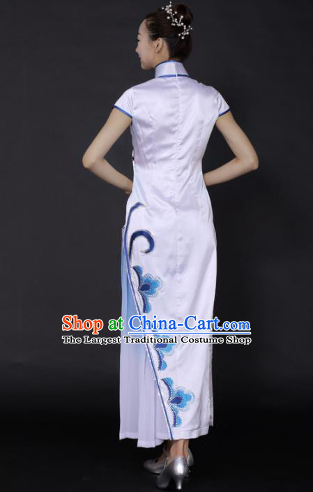 Chinese Classical Dance Embroidered White Dress Traditional Fan Dance Stage Performance Costume for Women