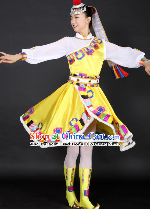 Chinese Tibetan Dance Yellow Dress Traditional Zang Nationality Stage Performance Costume for Women