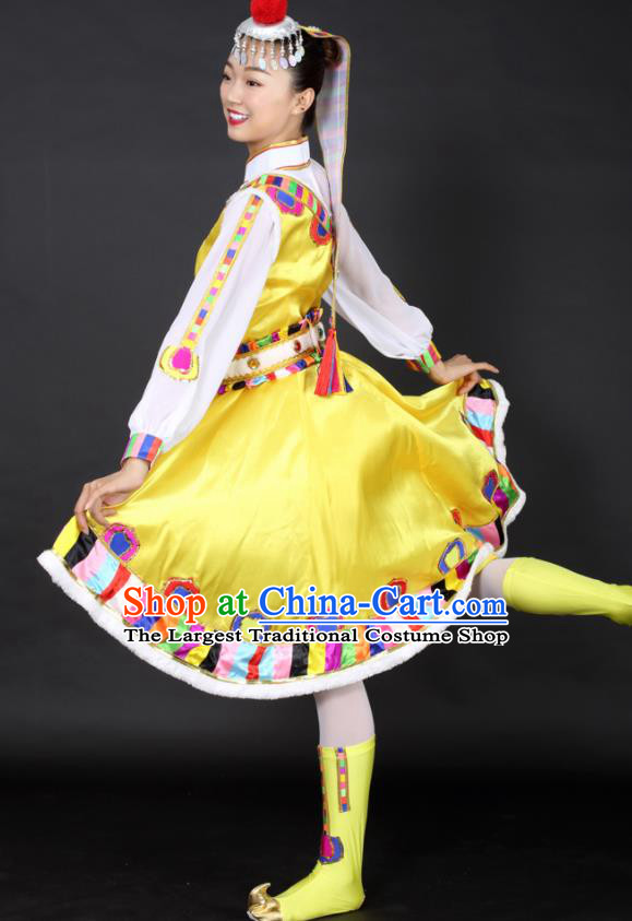 Chinese Tibetan Dance Yellow Dress Traditional Zang Nationality Stage Performance Costume for Women