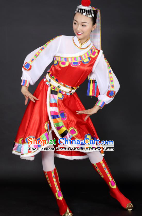 Chinese Tibetan Dance Red Dress Traditional Zang Nationality Stage Performance Costume for Women