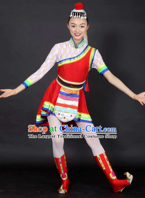Chinese Tibetan Dance Red Short Dress Traditional Zang Nationality Stage Performance Costume for Women