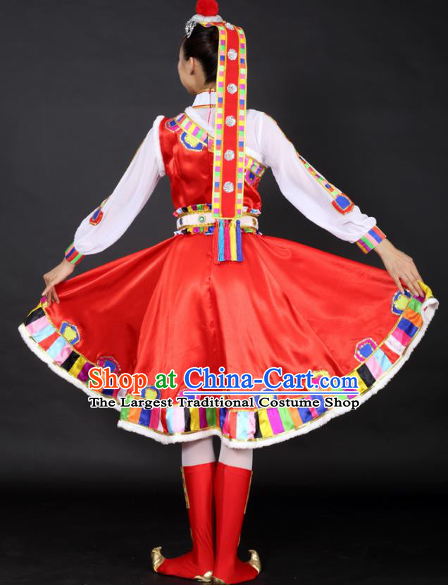 Chinese Tibetan Dance Red Dress Traditional Zang Nationality Stage Performance Costume for Women