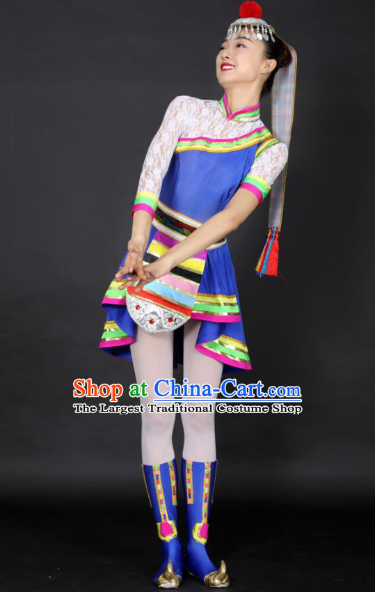 Chinese Tibetan Dance Blue Short Dress Traditional Zang Nationality Stage Performance Costume for Women