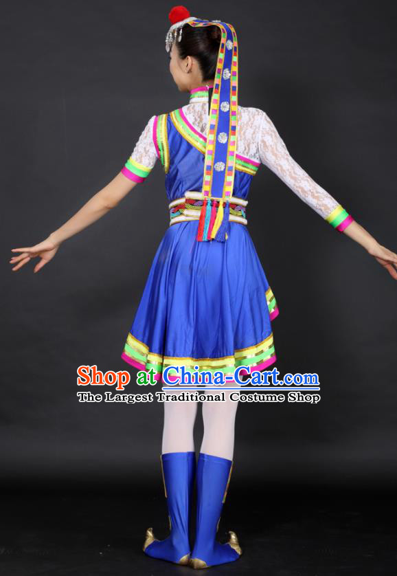 Chinese Tibetan Dance Blue Short Dress Traditional Zang Nationality Stage Performance Costume for Women